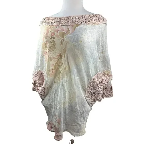 Emamo Silk Floral Sheer Tunic Blouse M Coquette Cottage Romantic Peasant Boho - Picture 15 of 16